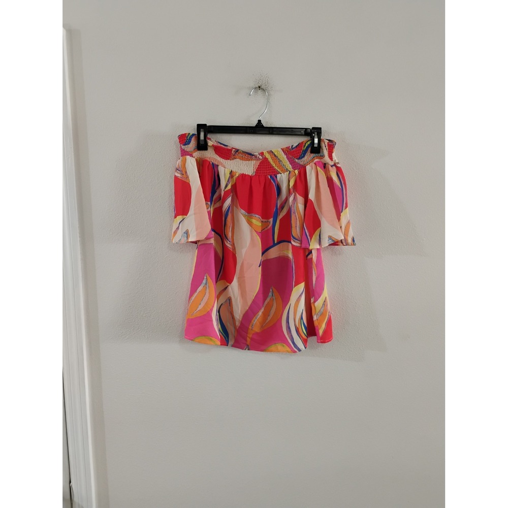 Flying Tomato Womens Medium Pink Abstract Tropical Smocked Off Shoulder Blouse